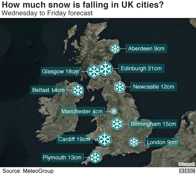 Map of the UK showing how much snow will fall between Wednesday and Friday