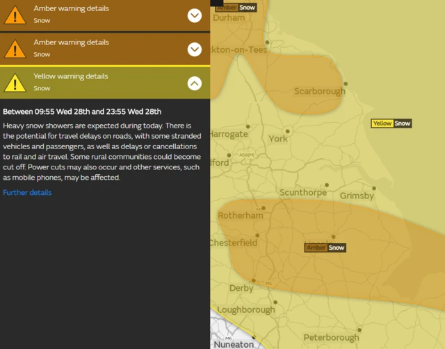 Map showing weather warnings