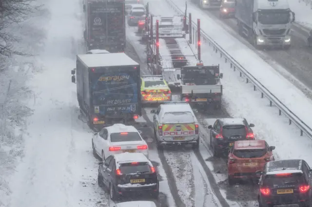 Traffic in the snow on A19 in Sunderland