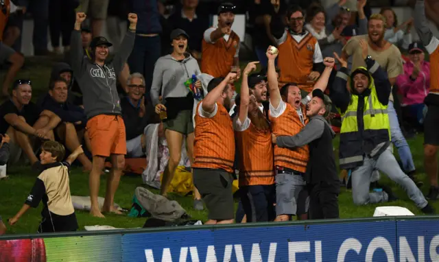 A New Zealand fan takes a one-handed catch