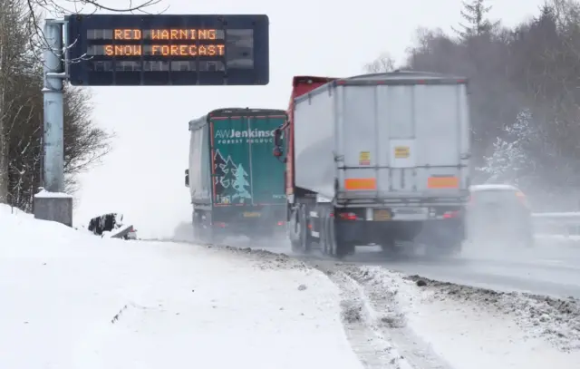 A road sign on the A9 warns against driving in the snow near Auchterarder