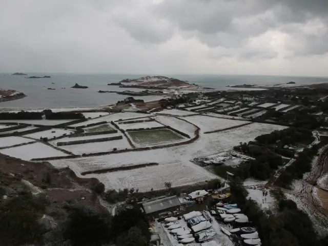 Snow on Bryher from the sky