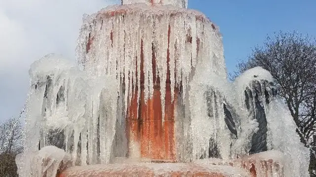 Ice frozen on fountain in Stoke-on-Trent