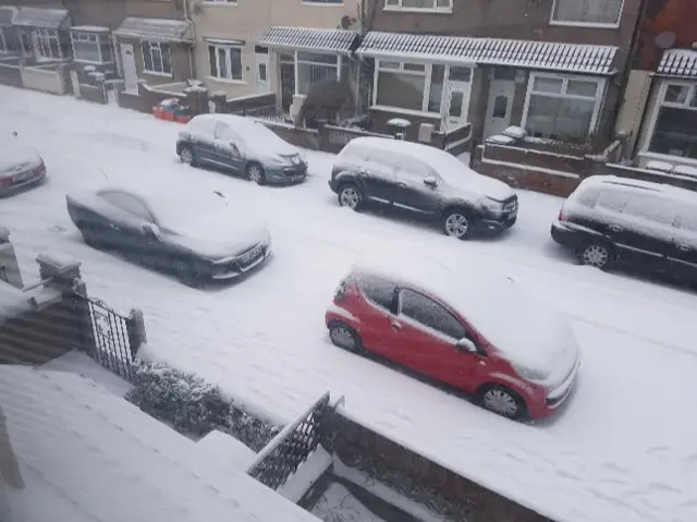 Snowy cars on street