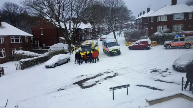 Stranded ambulance in snow