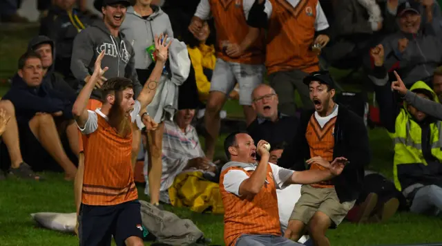 A New Zealand fan takes a one-handed catch