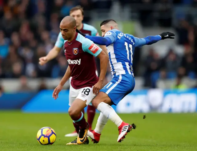 Anthony Knockaert of Brighton challenges Joao Mario of West Ham