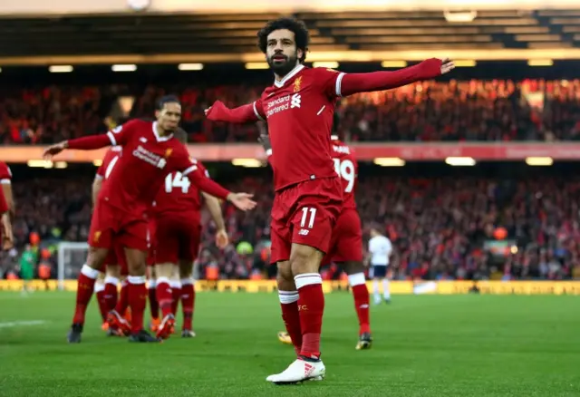 Liverpool's Mohamed Salah celebrates after scoring against Tottenham