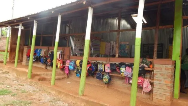 A Bridge International classroom, which lacks windows in Uganda