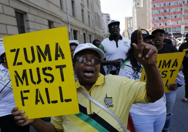 Supporters ANC leader Cyril Ramaphosa call for President Jacob Zuma to resign