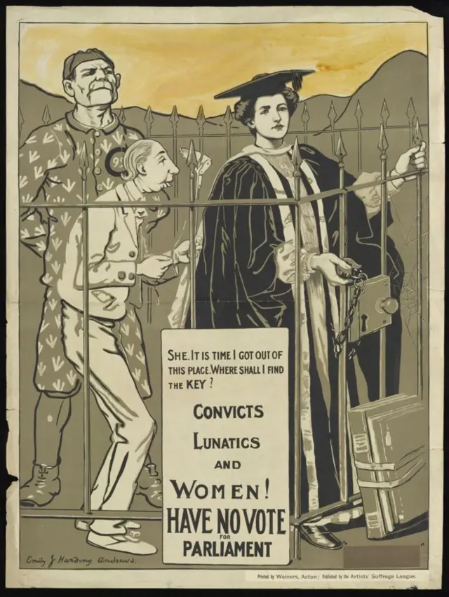 Poster reads: 'Convicts, Lunatics and Women have no vote for Parliament'