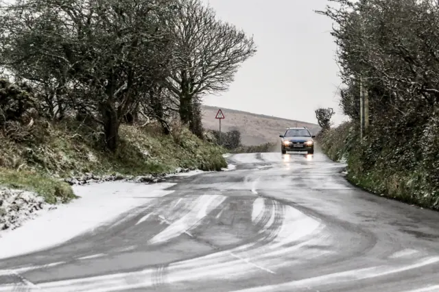 Snow on the road in Cornwall