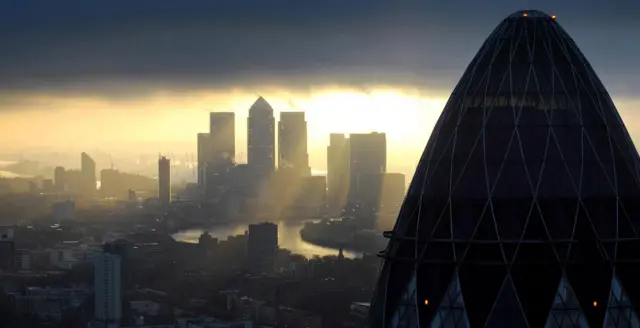 City of London's Gherkin and Canary Wharf