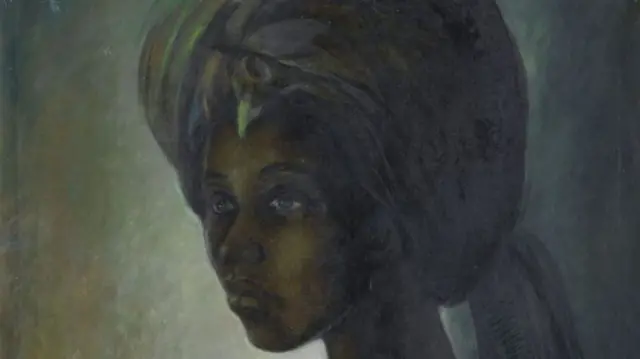 A sombre painting depicting a woman wearing a voluminous headwrap and a dejected expression