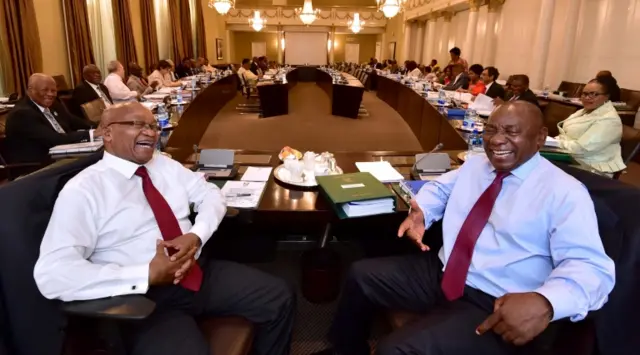 South African President Jacob Zuma and Deputy President Cyril Ramaphosa, are seen attending Cabinet Committee meetings in this government handout picture, in Cape Town, South Africa, February 7, 2018. GCIS/Handout via REUTERS ATTENTION EDITORS