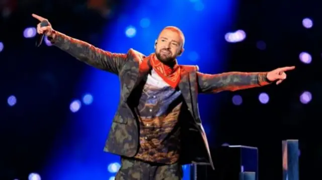 Justin Timberlake, at the Super Bowl halftime show, 2018