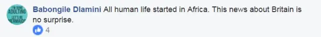 A comment from Facebook user Babongile Dlamini reads: " All human life started in Africa. This news about Britain is no surprise."