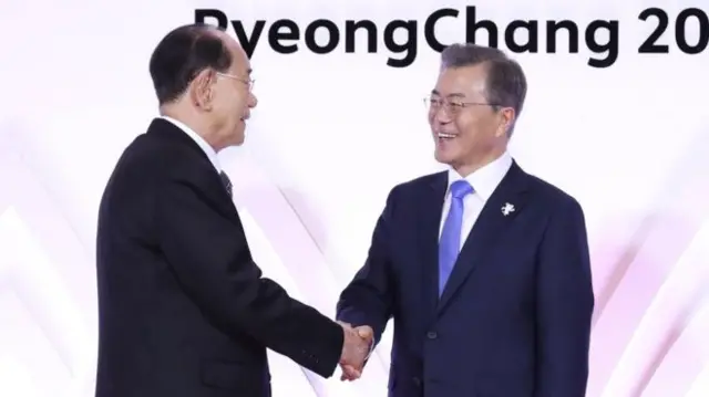 North Korea's Kim Yong-nam (L) and South Korean President Moon Jae-in shake hands