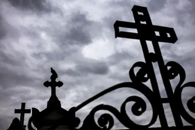 A bird perches atop a grave at the Loyasse cemetery on March 21, 2017 in Lyon.