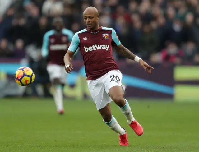 Andre Ayew of West Ham United in action during the Premier League match between West Ham United and Chelsea at London Stadium on December 9, 2017 in London, England.