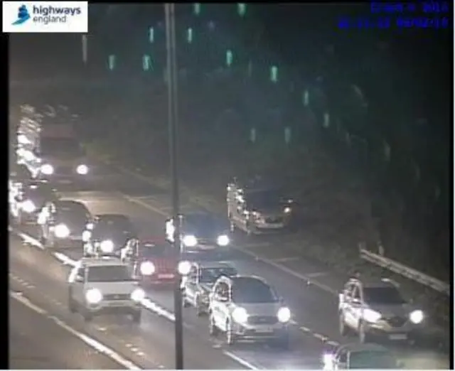 A lane has been closed on the exit slip road.