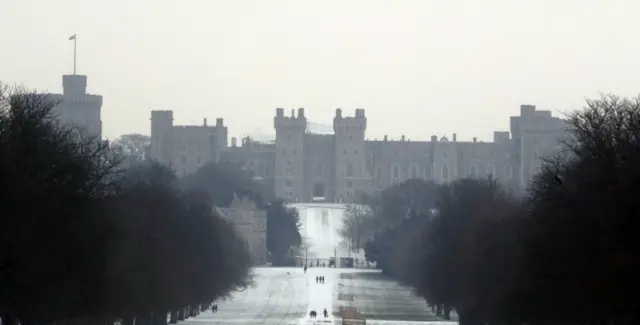 Snow sits on the Long Walk at Windsor Castle, Berkshire