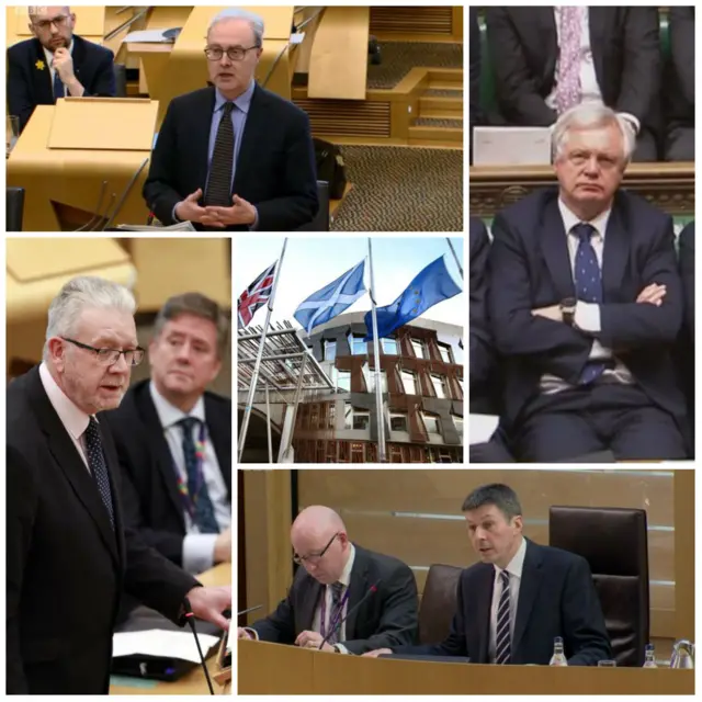 Clockwise: The Lord Advocate, David Davis, the presiding officer and Mike Russell