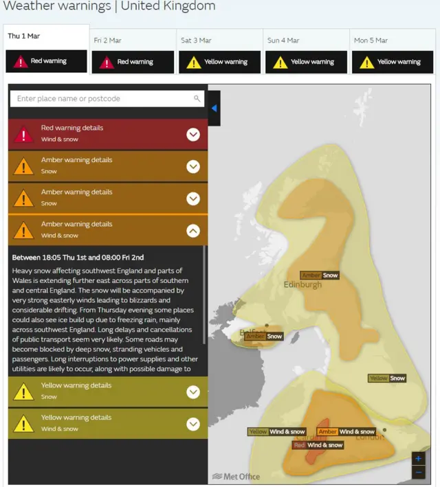 A screenshot of the Met Office weather warnings