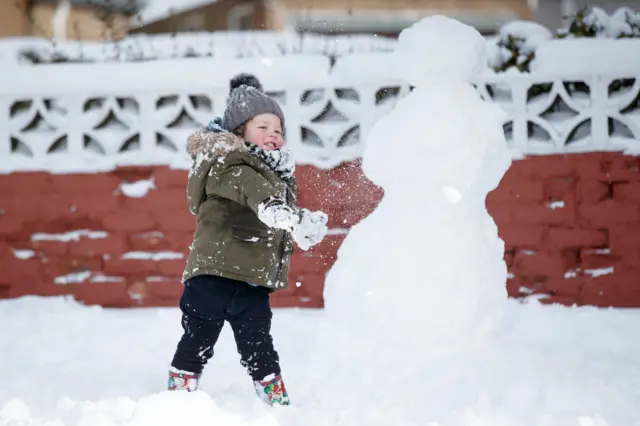 Boy plays in snow