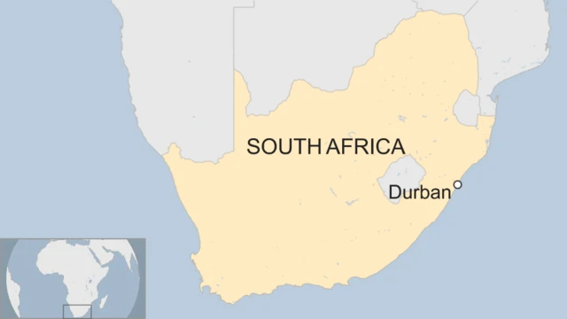 A map of South Africashowing the location of the city of Durban