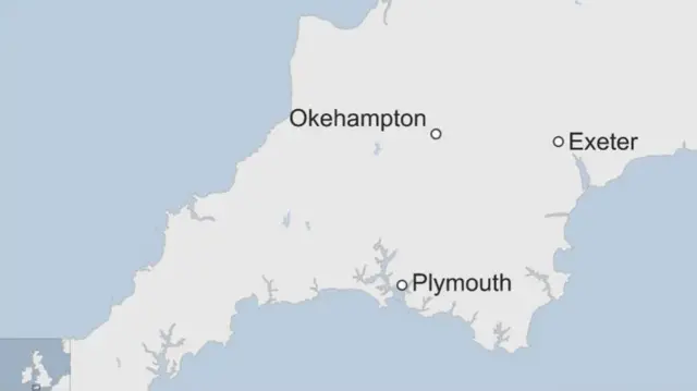 Map showing Okehampton