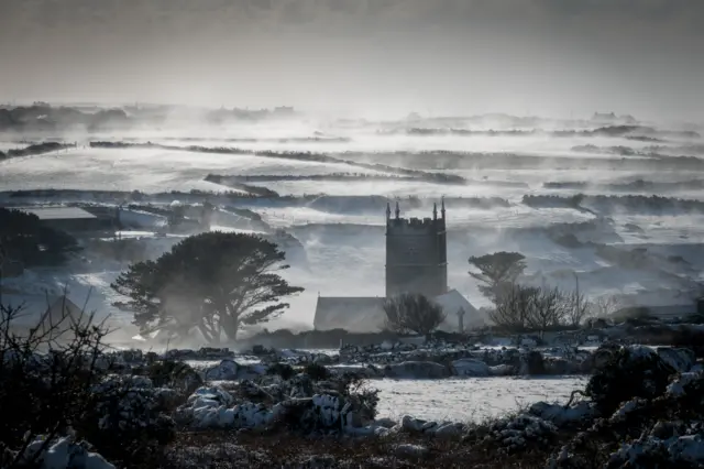 A snow-covered church