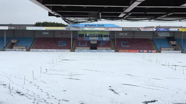 Snow covered pitch at Glanford Park