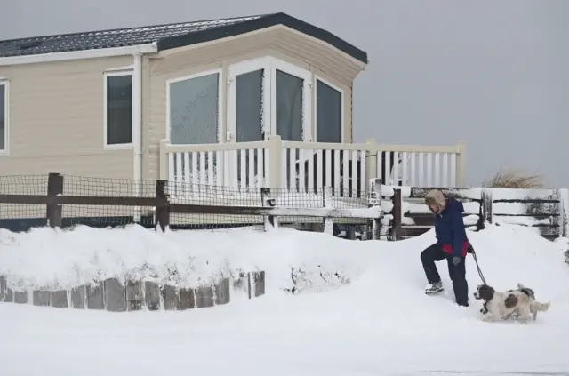 A woman walks her dogs in Newbiggin-By-The-Sea in in Northumberland