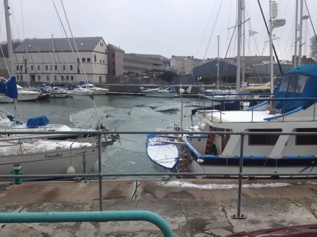 A frozen over Victoria Dock in Caernarfon