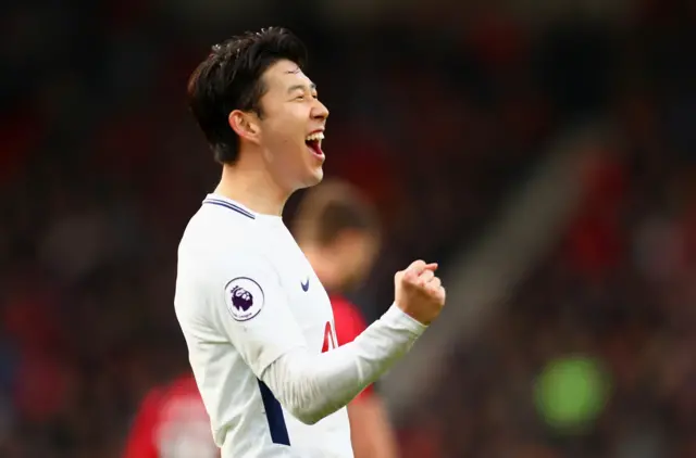 Heung-Min Son of Tottenham Hotspur celebrates