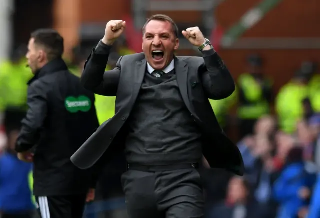 Celtic manager Brendan Rodgers celebrates at Ibrox