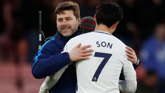 Mauricio Pochettino celebrates after the match with Son Heung-min