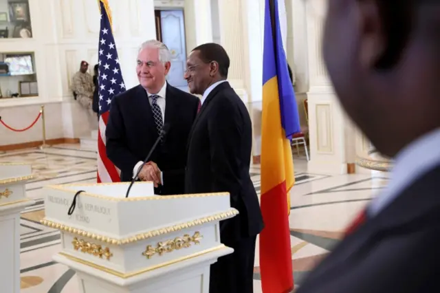 U.S. Secretary of State Rex Tillerson and Chad"s Foreign Minister Mahamat Zene Cherif shake hands after a news conference in N"Djamena, Chad