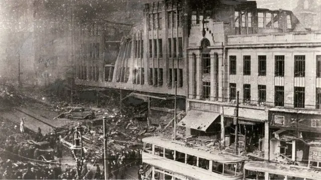 Devastation on Sheffield's High Street after the first night of the Blitz in the city, December 1940.