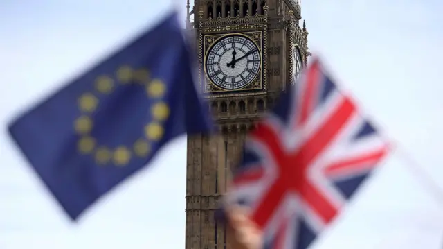 UK and EU flags in front of the Westminster Parliament