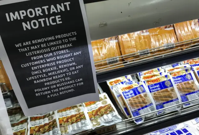 A sign to inform customers is placed over the processed cold meats section of a supermarket in Cape Town, South Africa, 05 March 2018.