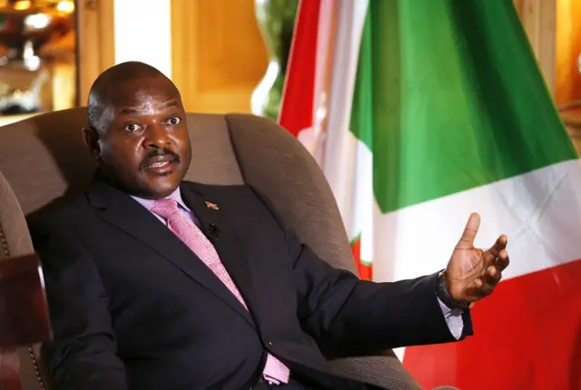 Burundian President Pierre Nkurunziza talks during an interview at the Westin hotel in Paris on June 4, 2014