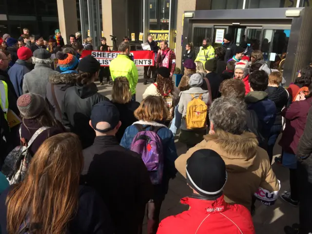 Group of demonstrators outside the Arts Tower at the University of Sheffield