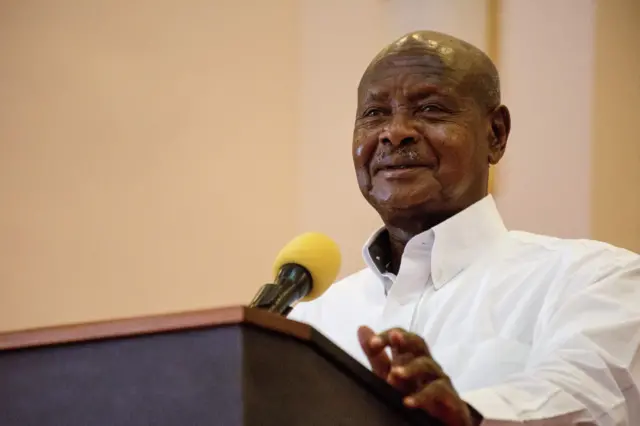 Uganda's President Yoweri Museveni speaks during the FIFA World Cup Trophy world tour on March 5, 2018 at the State House in Entebbe.