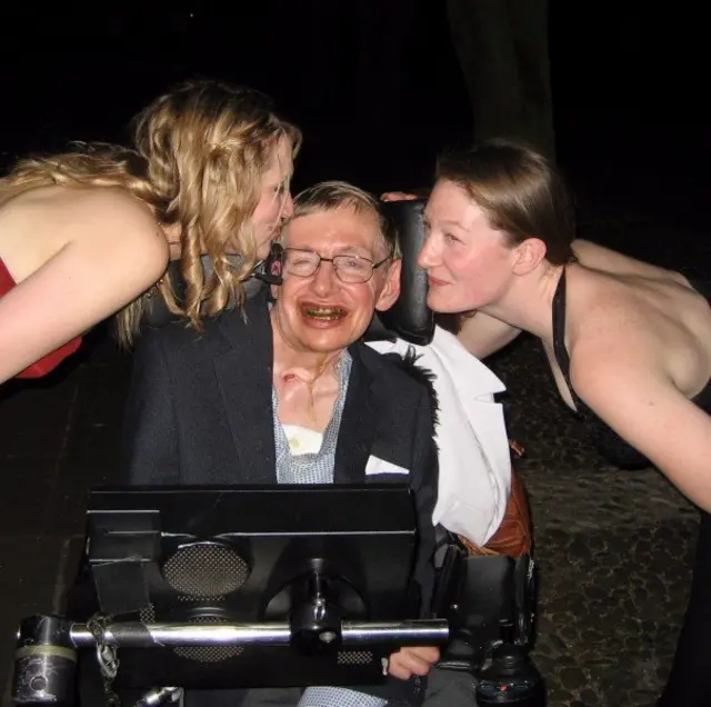 Emily De Groot, left, and Patricia Keegan Friedman with Stephen Hawking