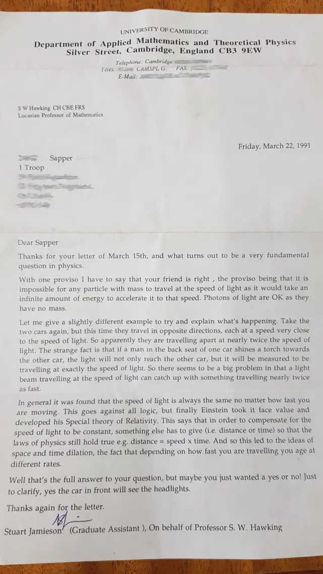 Letter from Stephen Hawking