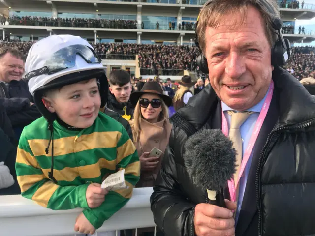 A young racing fan meets BBC Radio 5 live's Derek Thompson