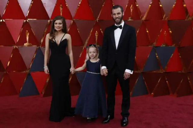 Rachel Shenton and Chris Overton accompanied Maisie Sly (centre) at the Oscars