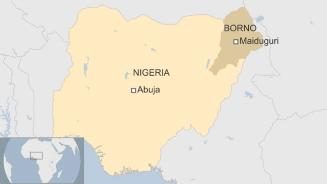 A map showing Maidugauri which is located by Borno state in north-eastern Nigeria.